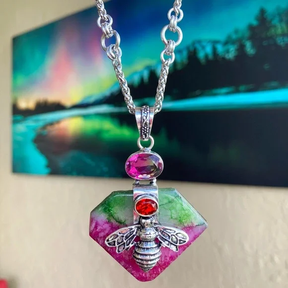 925 sterling silver overlay pink green agate & mystic topaz bee boho necklace . - Picture 2 of 14